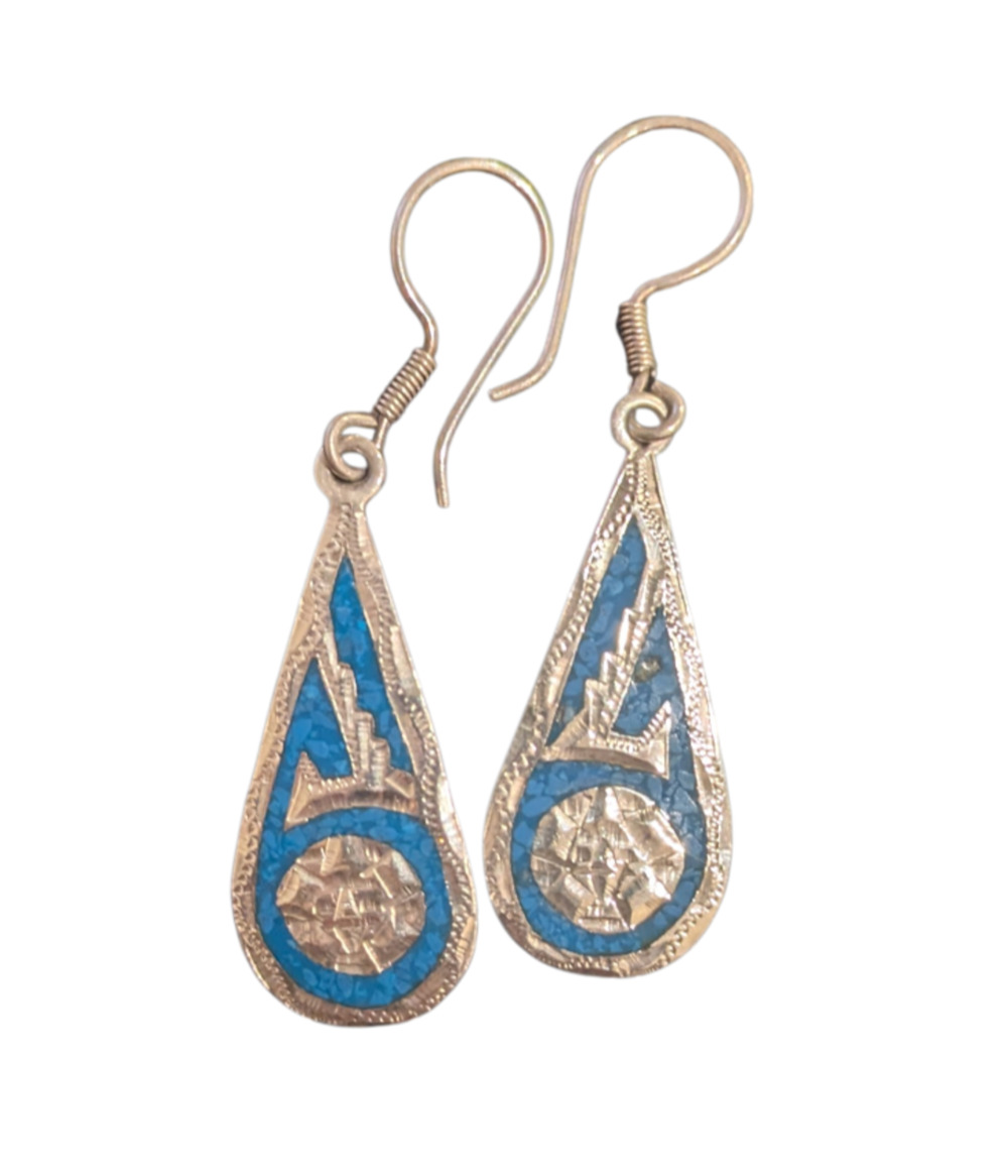 Mexican Sterling Silver Turquoise Mosaic Teardrop Earrings